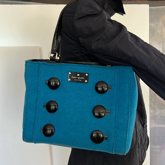 Kate Spade Teal Wool and Black Patent Leather Structured Tote Bag - Picture 6 of 11